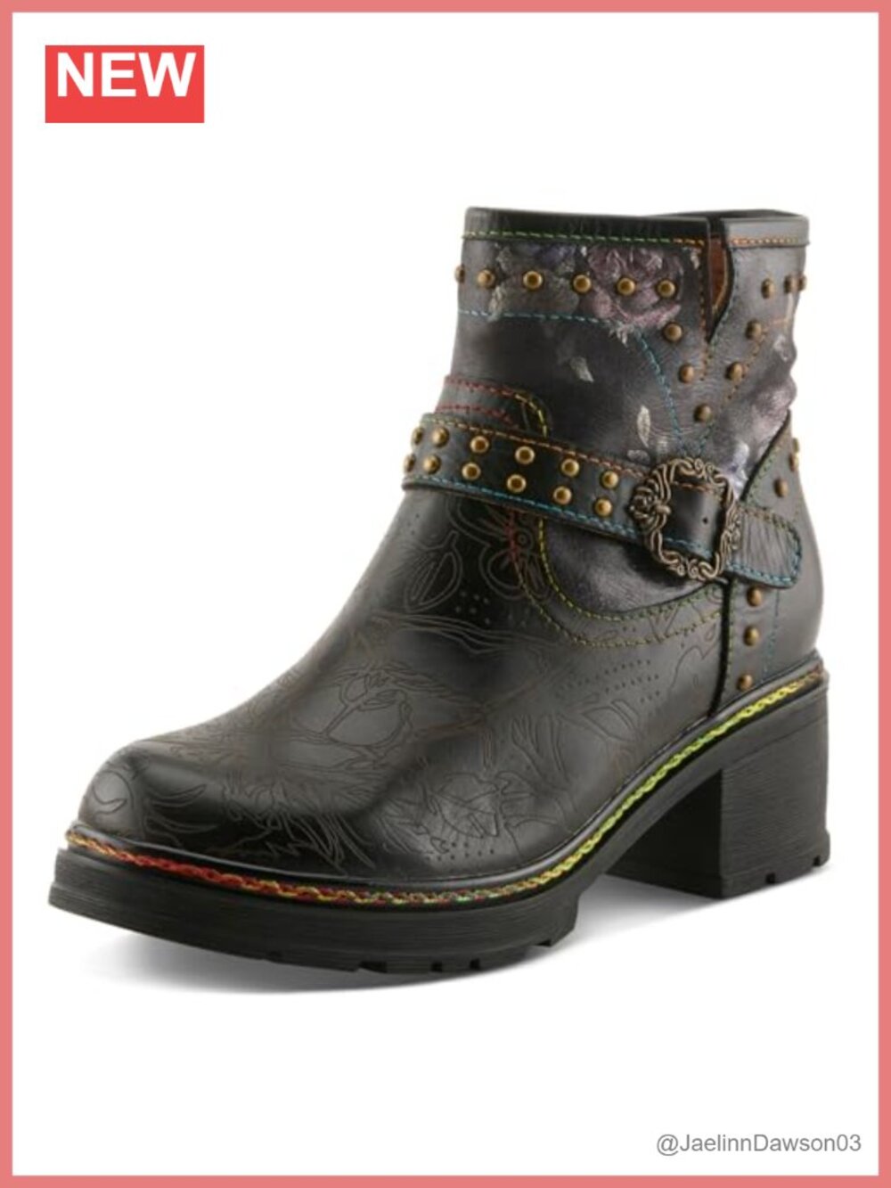 Faux Leather Floral Ankle Booties Block Heel Zip